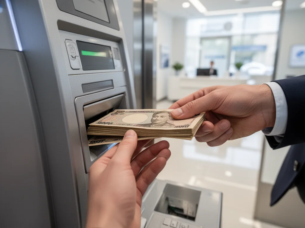 Ręka wkłada plik banknotów do wpłatomatu w jasnym wnętrzu banku, ilustrując zasady limitów wpłat gotówki