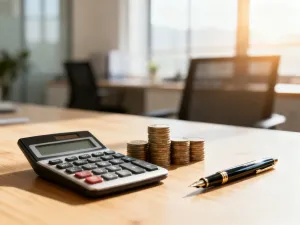 Kalkulator, pióro i plik banknotów na biurku, symbolizujące obliczenia finansowe i planowanie wynagrodzenia.