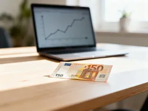 Stos monet i pióro na biurku, symbolizujące profesjonalne podejście do obliczeń finansowych i wynagrodzeń.