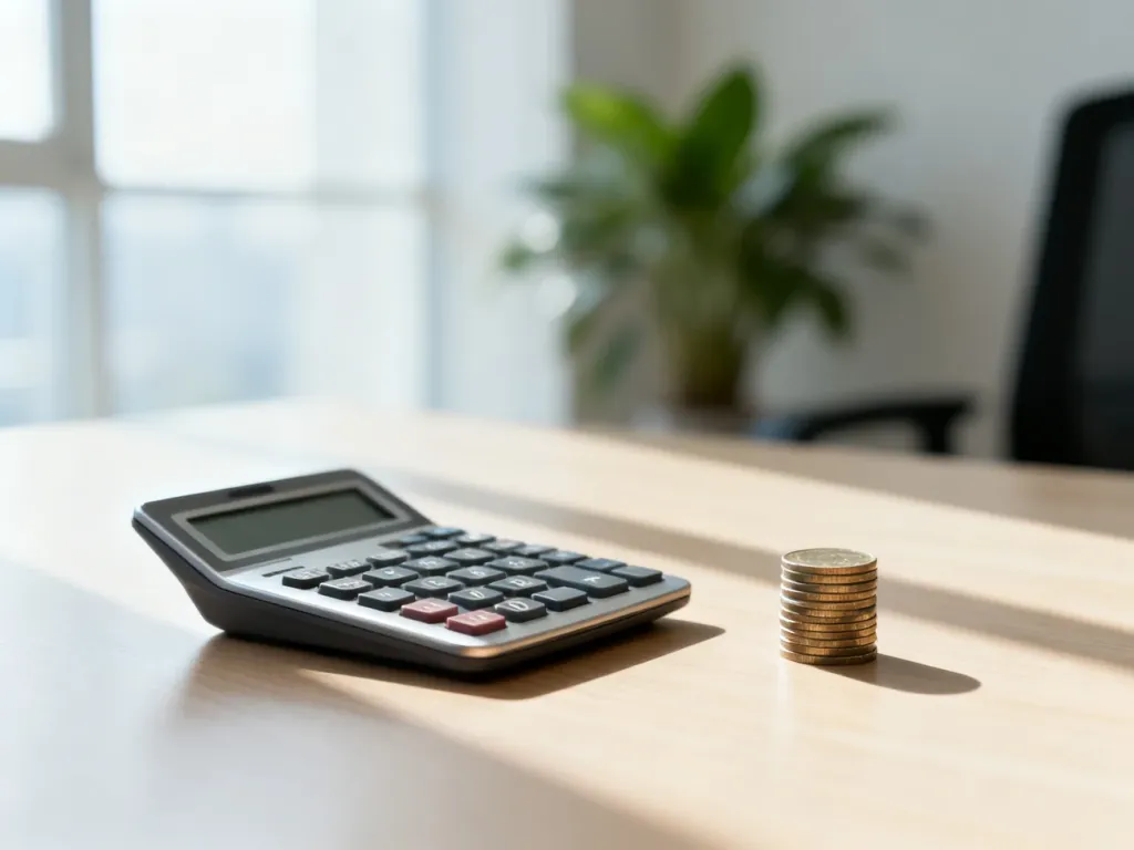 Kalkulator i monety na biurku, symbolizujące obliczanie wynagrodzenia i planowanie finansów.