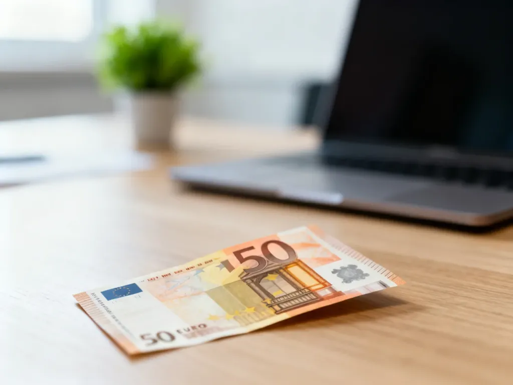 Banknot pięćdziesięciu euro leżący na drewnianym biurku w jasnym, profesjonalnym biurze.