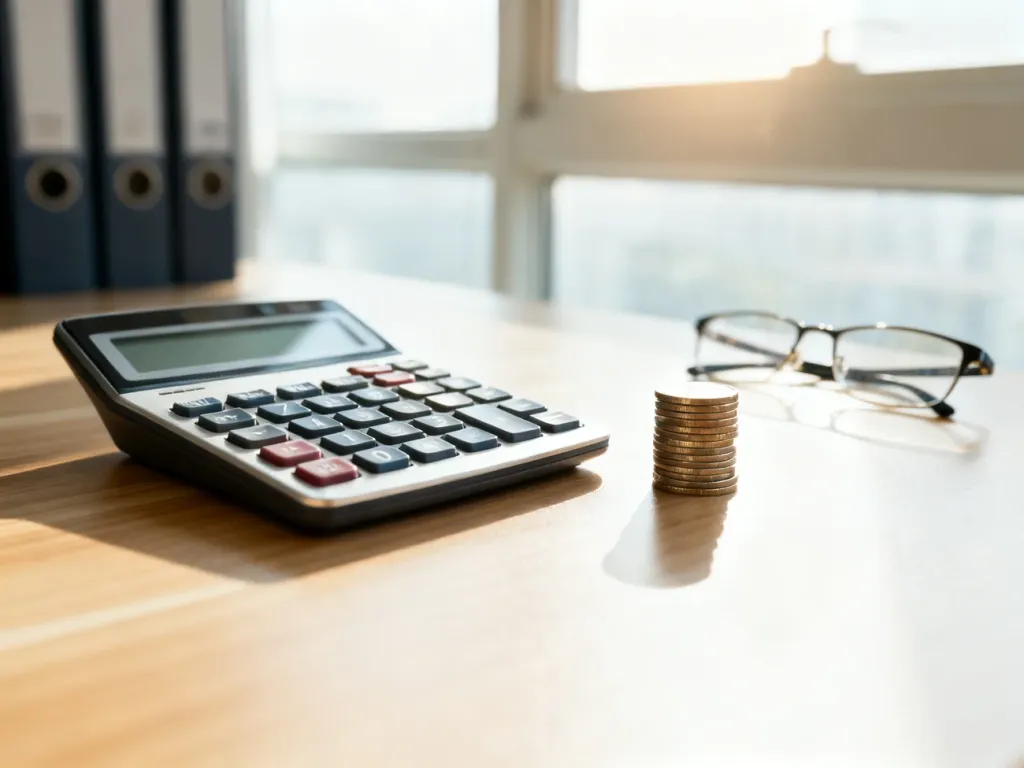 Kalkulator, monety i okulary na biurku, symbolizujące profesjonalne planowanie finansów i obliczenia płacowe.