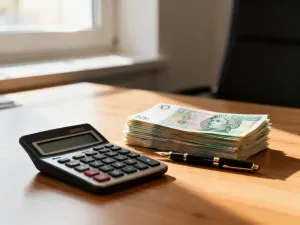 Kalkulator, monety i skarbonka na biurku, symbolizujące planowanie finansów i obliczanie wynagrodzenia.