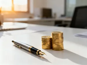 Banknot 10 euro leżący na drewnianym biurku obok smartfona z aplikacją do przeliczania walut.