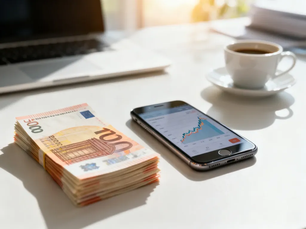 Stos euro i smartfon z wykresem kursu walut na biurku, ilustrujące przeliczanie waluty na złotówki.