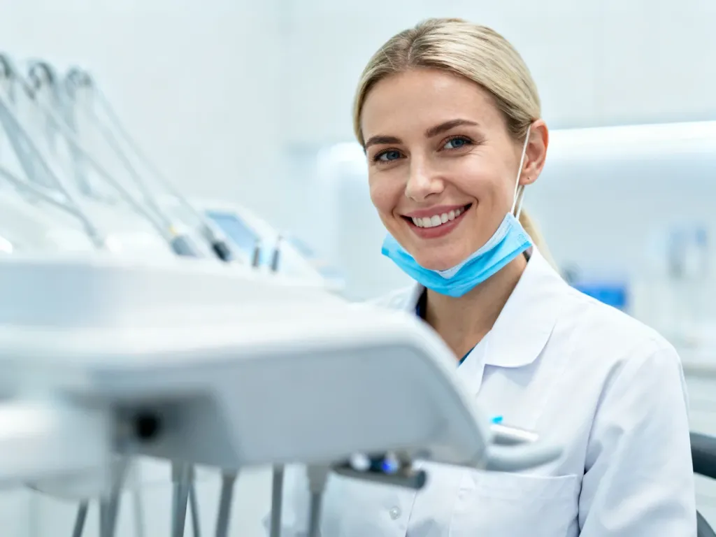 Uśmiechnięta dentystka w białym fartuchu w nowoczesnym gabinecie stomatologicznym.