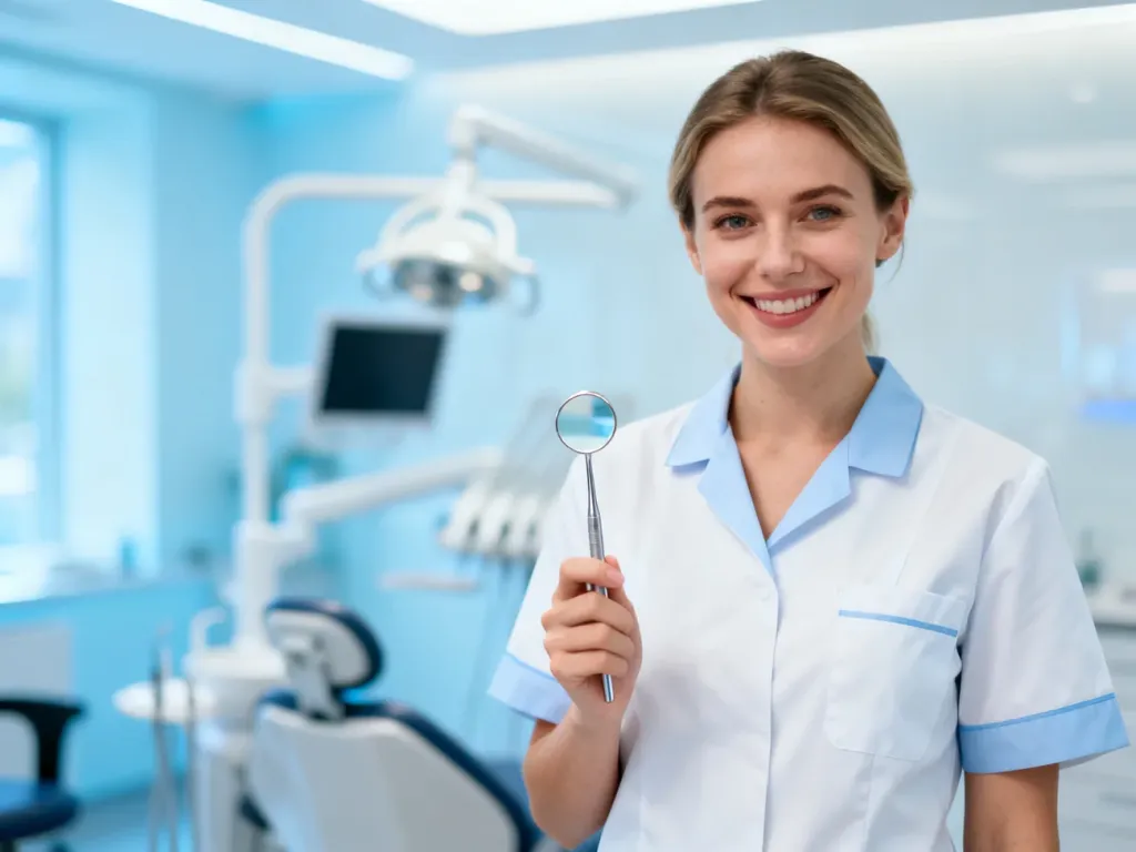 Uśmiechnięta asystentka stomatologiczna w profesjonalnym gabinecie, trzymająca lusterko dentystyczne.