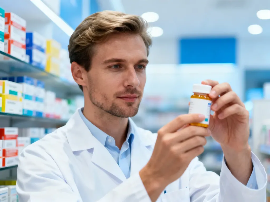 Farmaceuta w białym fartuchu trzyma opakowanie leku w nowoczesnej aptece. Zdjęcie ilustruje pracę w branży farmaceutycznej.