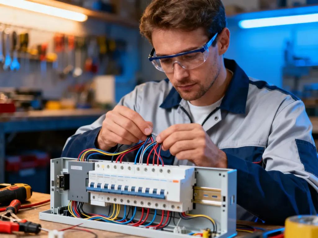 Elektryk w profesjonalnym stroju ochronnym precyzyjnie podłącza przewody w nowoczesnej rozdzielnicy elektrycznej.