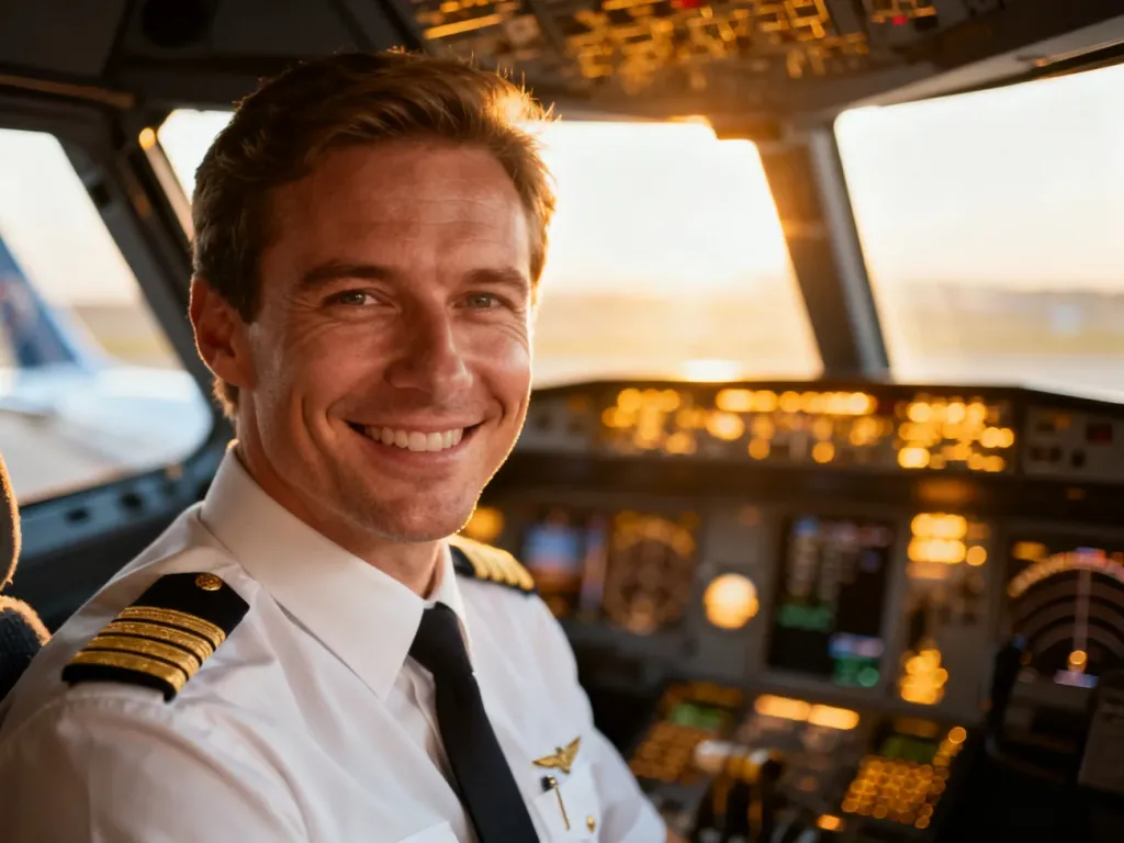 Uśmiechnięty pilot w mundurze na tle nowoczesnego kokpitu samolotu pasażerskiego.