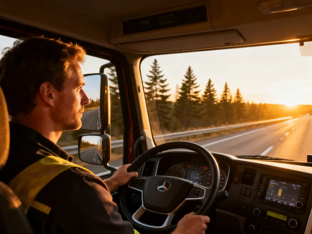 Kierowca prowadzący nowoczesną ciężarówkę po autostradzie o wschodzie słońca. Widok na deskę rozdzielczą i drogę.