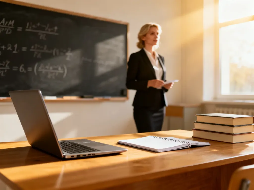 Nauczycielka w nowoczesnej sali lekcyjnej przy biurku z laptopem i książkami, na tle tablicy z wzorami matematycznymi.