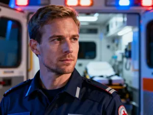 Policjant w mundurze taktycznym stojący na tle miejskiej ulicy, symbolizujący pracę w służbach mundurowych.