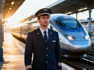 Skupiony kierowca autobusu miejskiego w profesjonalnym mundurze prowadzący nowoczesny pojazd w świetle poranka.
