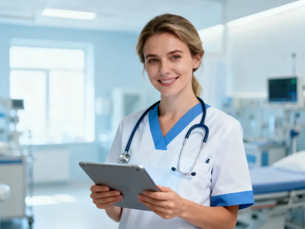 Opiekun medyczny w profesjonalnym stroju trzyma tablet w nowoczesnym szpitalu, prezentując przyjazną postawę.