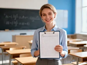 Uśmiechnięty kurier trzymający paczkę przy żółtym samochodzie dostawczym na tle słonecznej ulicy.