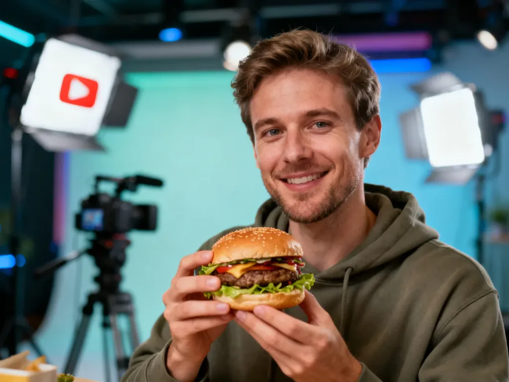 Książulo w studiu nagraniowym trzymający burgera, co nawiązuje do jego działalności jako recenzenta jedzenia na YouTube.